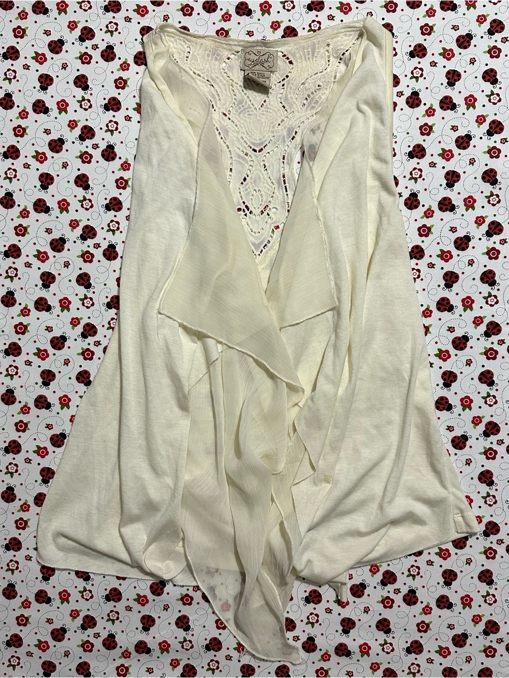 Eyelash Couture Lace Back Waterfall Vest Draped Cream Y2K Women XS